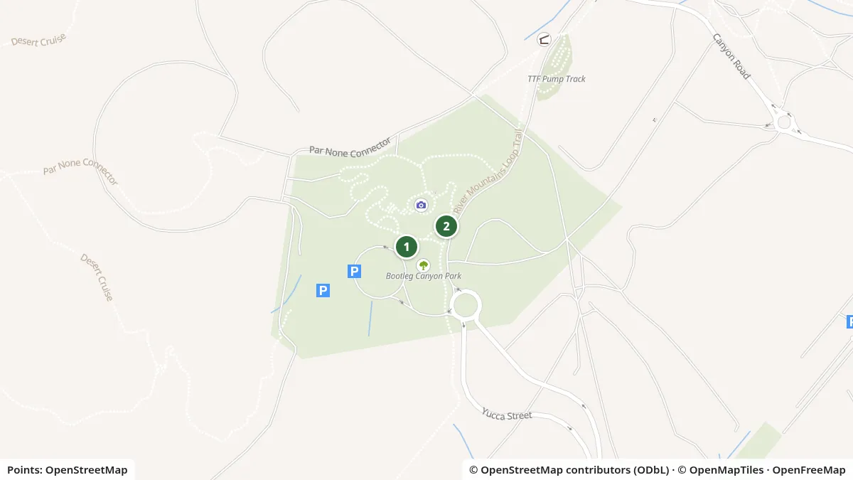 Map of Mountain biking Bootleg Canyon showing Bootleg Canyon Mountain Bike Park trailhead and Bootleg Canyon Park, Yucca Street, Boulder City, from OpenStreetMap data.