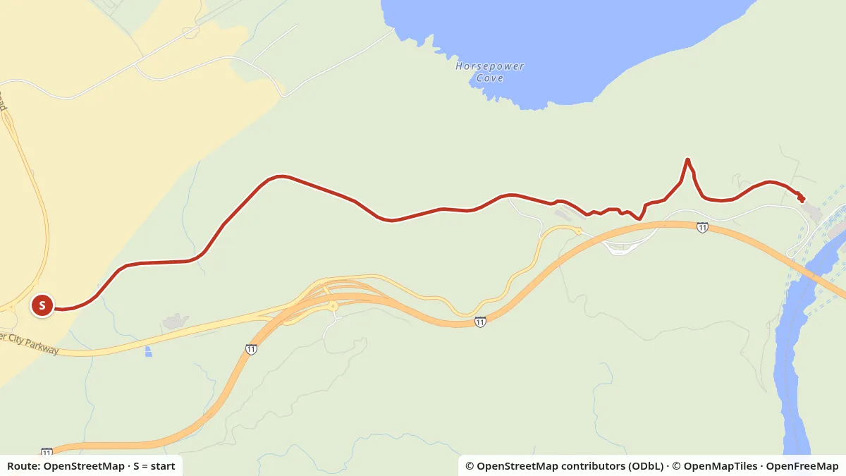 Map of the Historic Railroad Trail by bike route: 3.6 miles, starting at the Historic Railroad Trailhead parking lot below the Lake Mead Visitor Center, drawn from OpenStreetMap data.