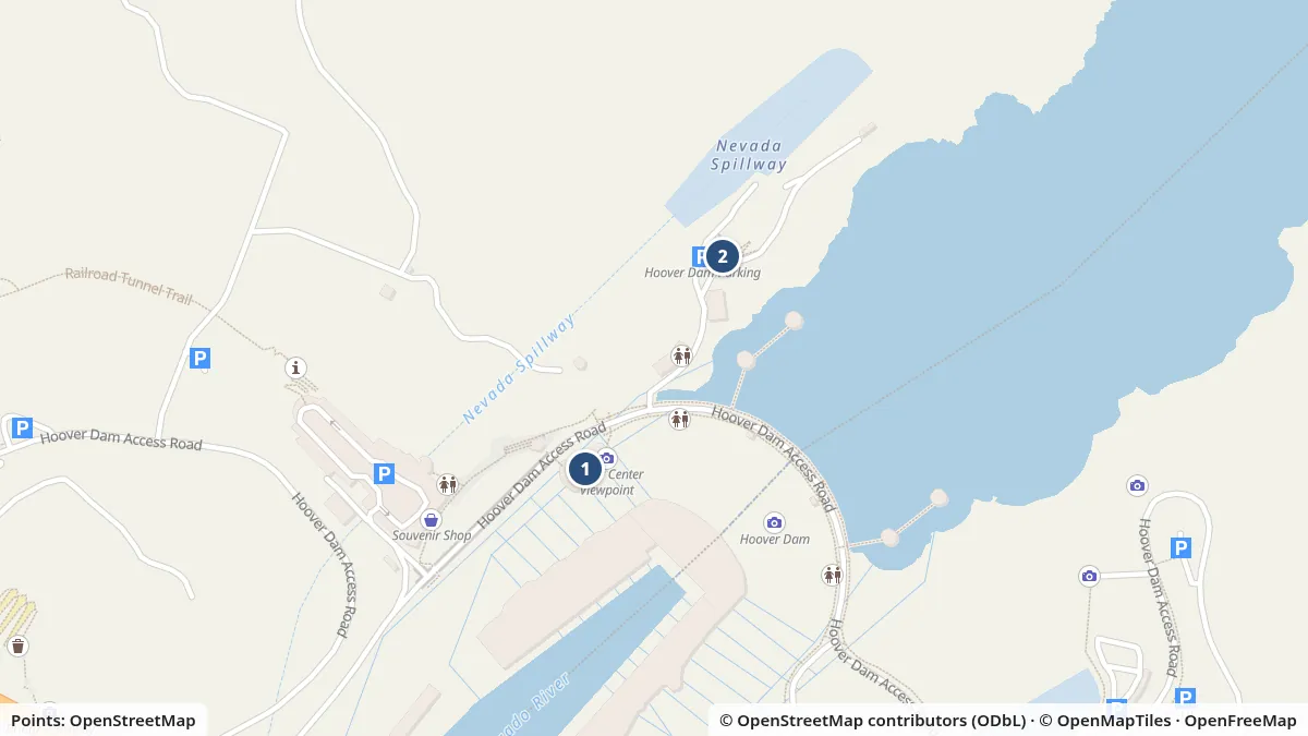 Map of Riding to Hoover Dam showing Hoover Dam Visitor Center and Hoover Dam parking garage (Nevada side), from OpenStreetMap data.