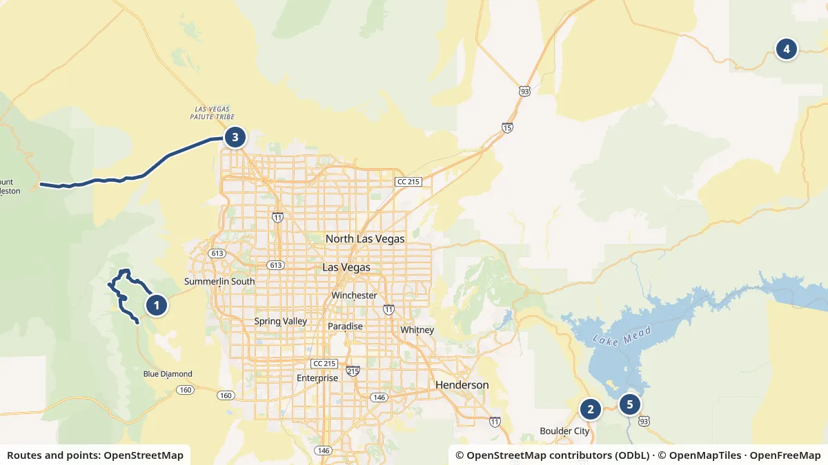 Map of motorcycle rides around Las Vegas from OpenStreetMap data: 1, Riding Red Rock Canyon's Scenic Drive; 2, Riding Lake Mead: fees, passes and roads; 3, Climbing Mt Charleston on Kyle Canyon Road; 4, Riding Valley of Fire State Park; 5, Riding to Hoover Dam.