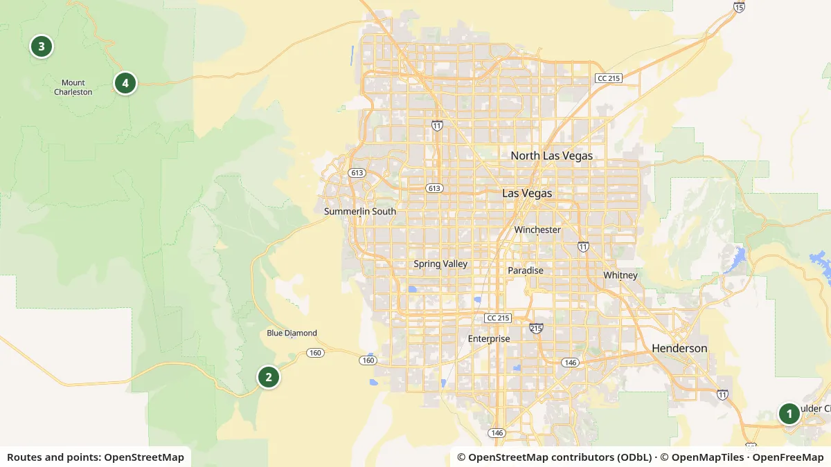 Map of mountain bike rides around Las Vegas from OpenStreetMap data: 1, Mountain biking Bootleg Canyon; 2, Mountain biking Cottonwood Valley; 3, Lee Canyon bike park; 4, Mountain biking on Mount Charleston.