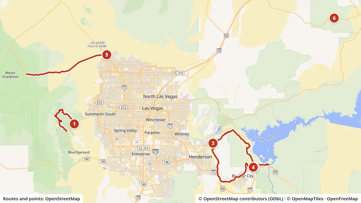 Map of road bike rides around Las Vegas from OpenStreetMap data: 1, Riding Red Rock Canyon's Scenic Drive; 2, Historic Railroad Trail by bike; 3, River Mountains Loop Trail; 4, Riding Lake Mead: fees, passes and roads; 5, Climbing Mt Charleston on Kyle Canyon Road; 6, Riding Valley of Fire State Park.
