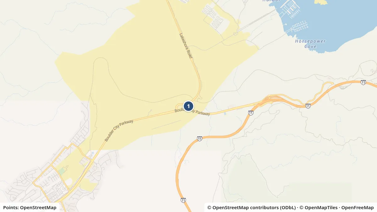 Map of Riding Lake Mead: fees, passes and roads showing Lake Mead Visitor Center (Alan Bible Visitor Center), US-93 at Lakeshore Rd, from OpenStreetMap data.