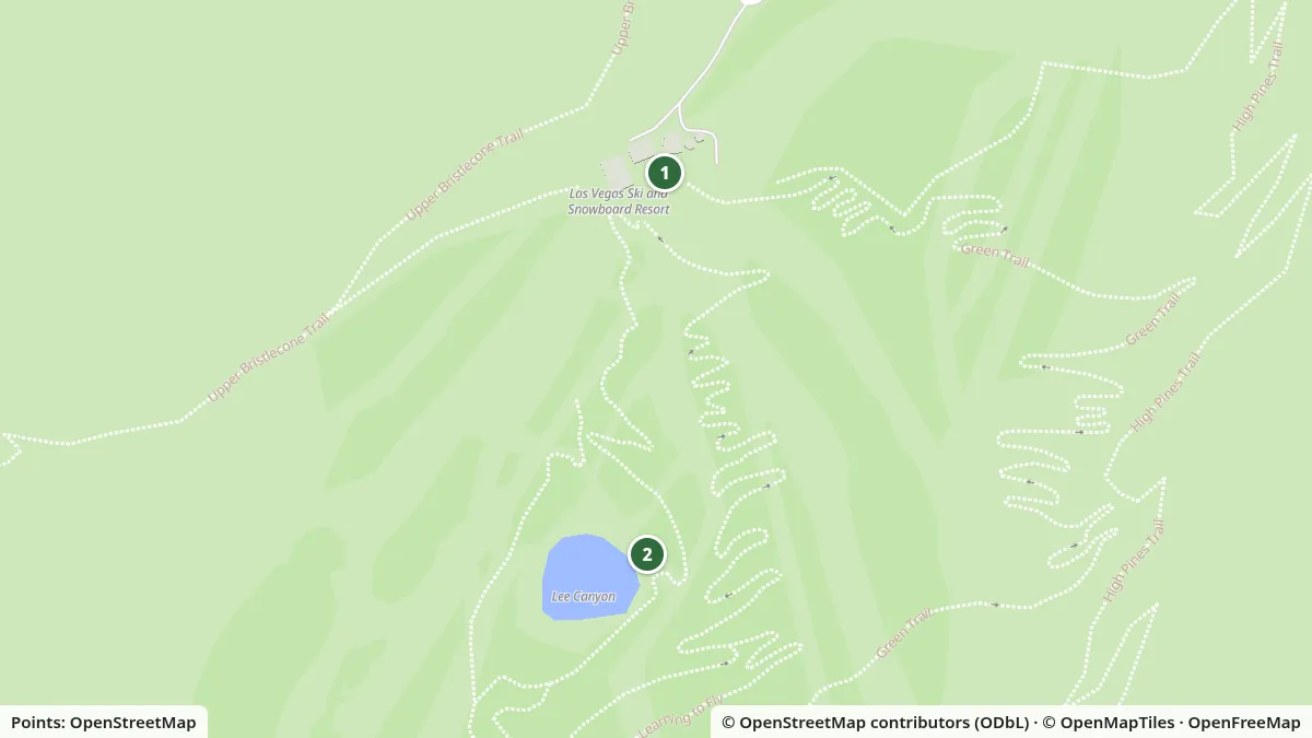 Map of Lee Canyon bike park showing Lee Canyon base area, 6725 Lee Canyon Rd and Lee Canyon ski and bike area, from OpenStreetMap data.