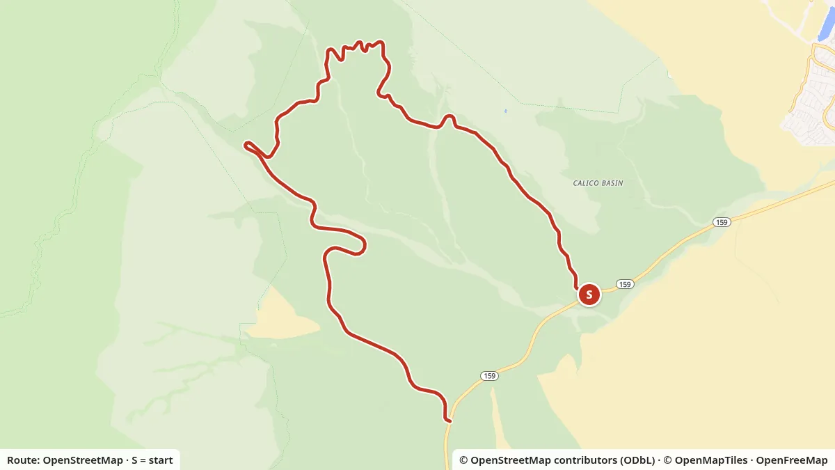 Map of the Riding Red Rock Canyon's Scenic Drive route: 12.4 miles, starting at the Scenic Drive entrance off SR-159 (Charleston Blvd), at the Red Rock Canyon Visitor Center, drawn from OpenStreetMap data.