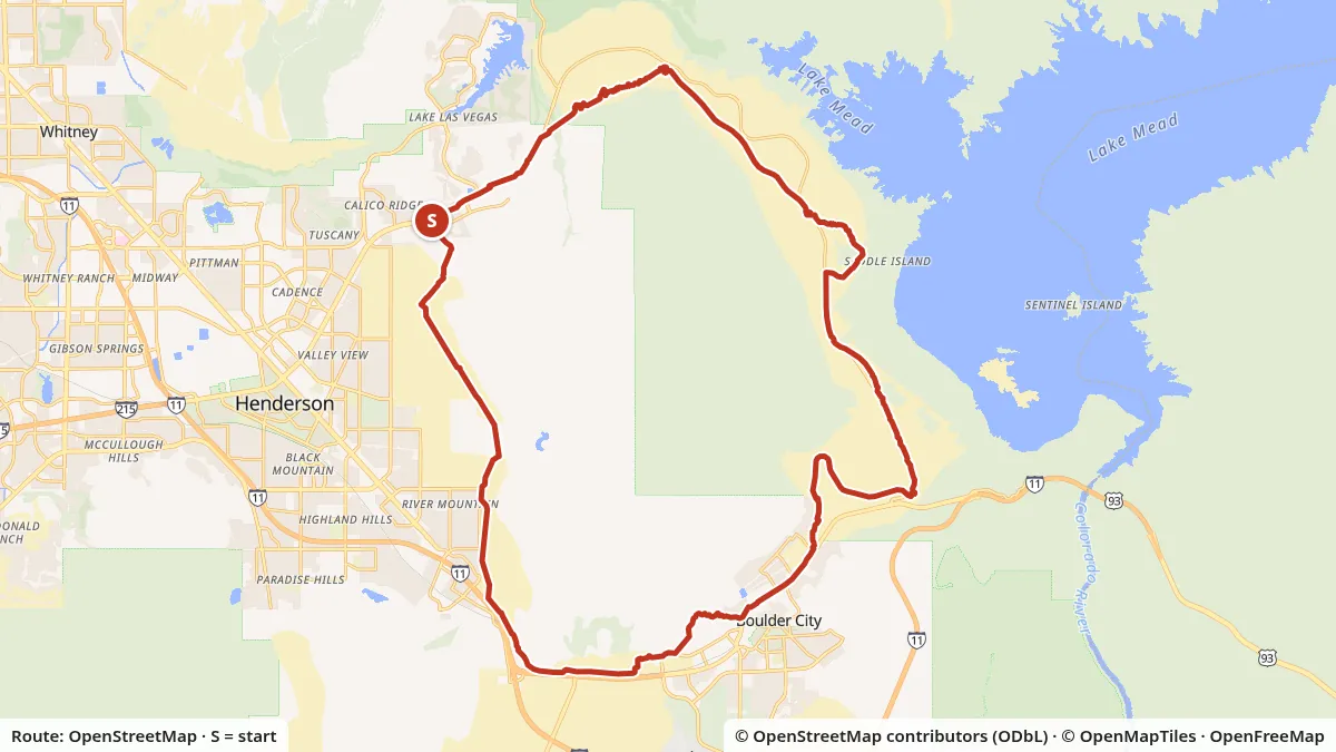 Map of the River Mountains Loop Trail route: 34.4 miles as a loop, starting at Mountain Lake Park, 1020 Golda Way, Henderson, drawn from OpenStreetMap data.